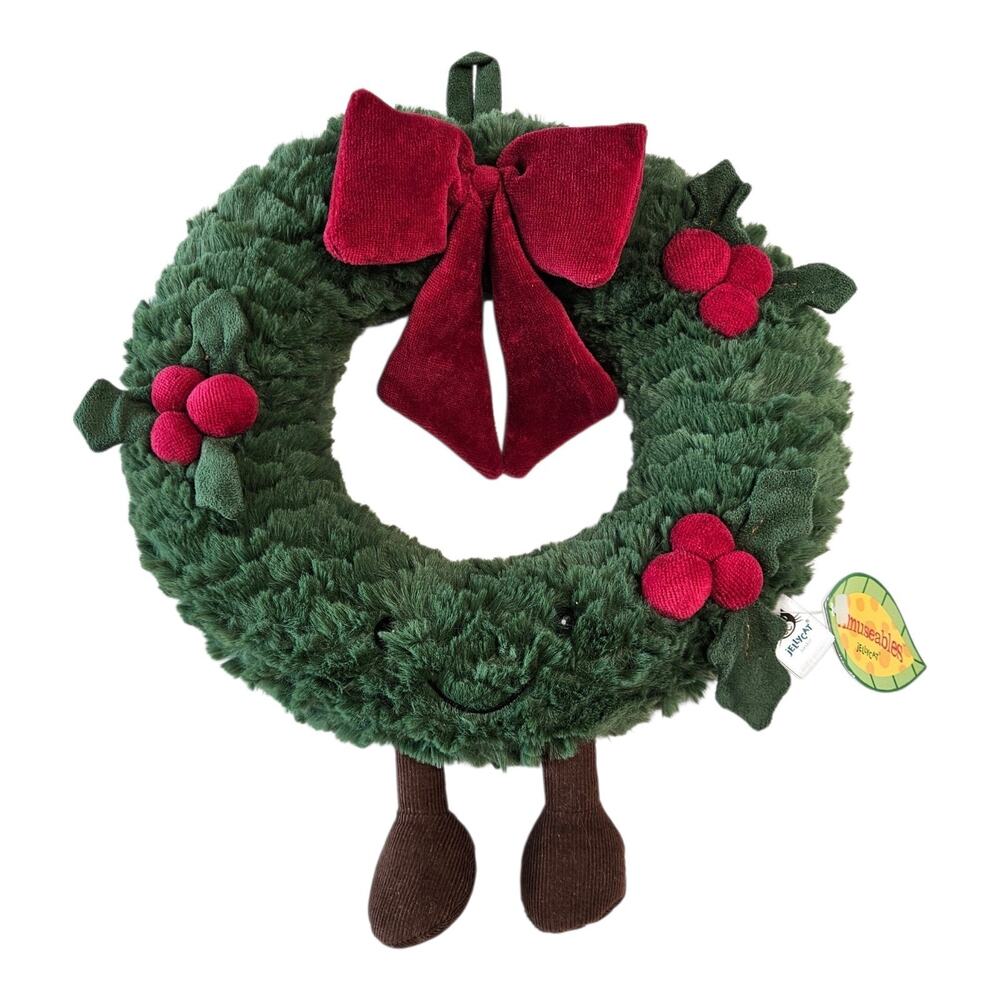 JELLY CAT Amuseables Wreath Christmas Plush Toy Corduroy Feet Red Berries NEW